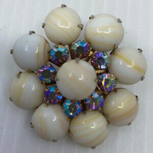 Vtg 1950 BEAU JEWELS ? milk glass rhinestone brooch